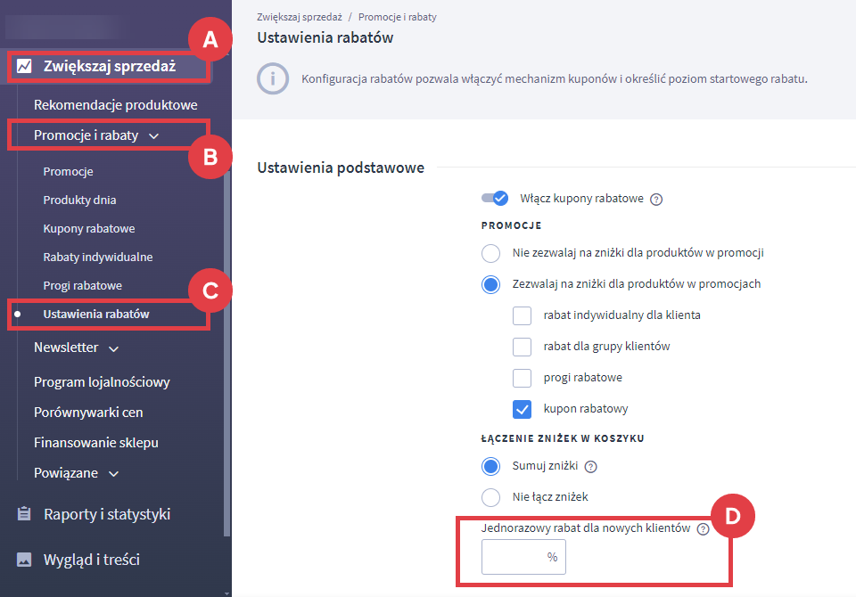 Określ, jaki rabat otrzymają nowi klienci po rejestracji w sklepie Panel administracyjny sklepu > Zwiększaj sprzedaż > Promocje i rabaty > Ustawienia rabatów