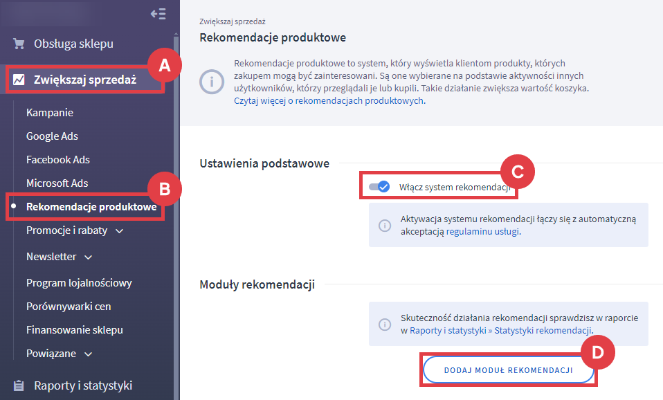 Panel administracyjny sklepu > Zwiększaj sprzedaż > Rekomendacje produktowe