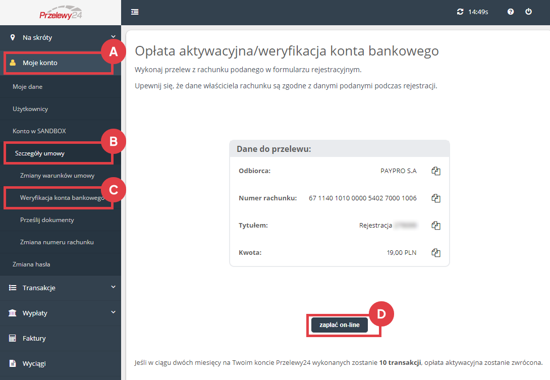 Menu panelu Przelewy24 Moje konto > Szczegóły umowy > Weryfikacja konta bankowego