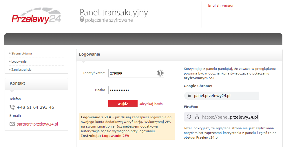 Formularz logowania do panelu Przelewy24