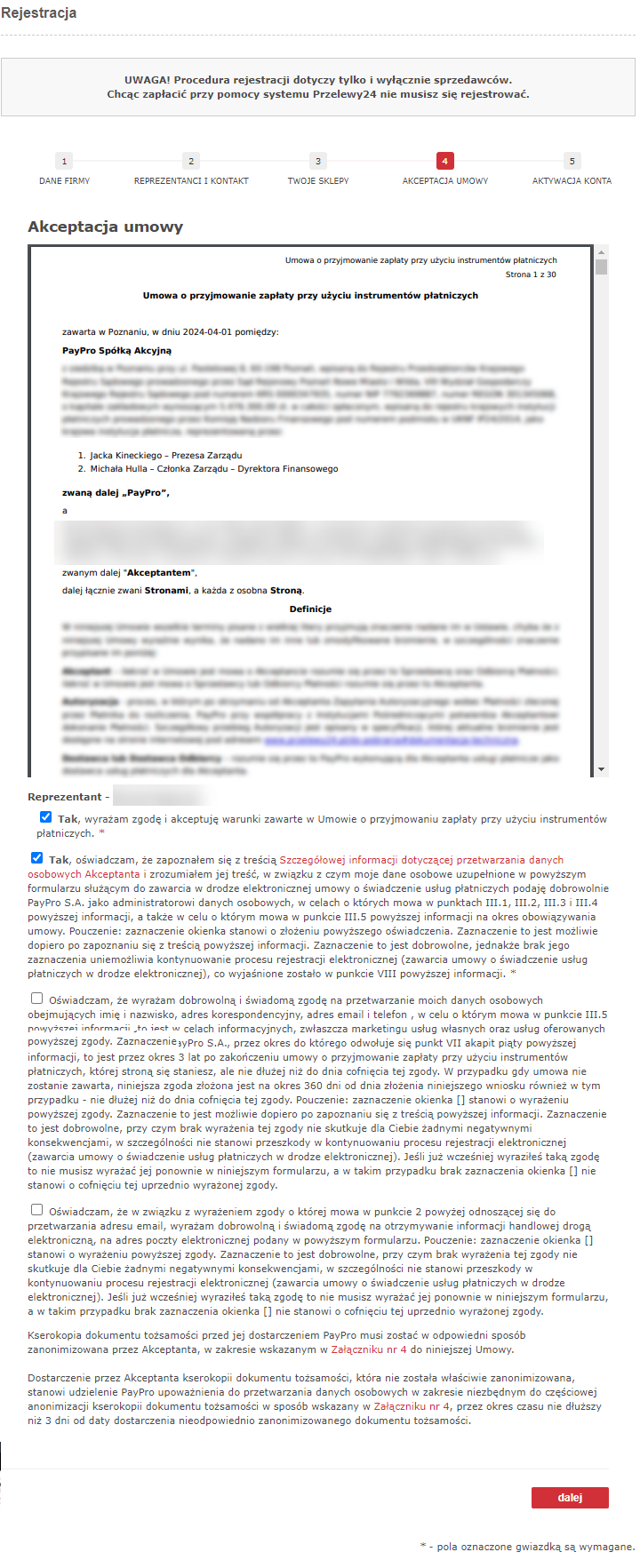 Rejestracja w Panelu Przelewy24 krok czwarty Akceptacja umowy
