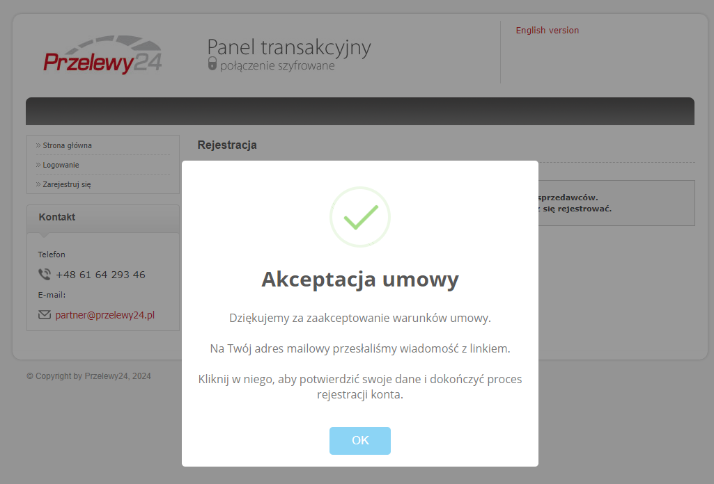 Rejestracja w Panelu Przelewy24 krok piąty Aktywacja konta