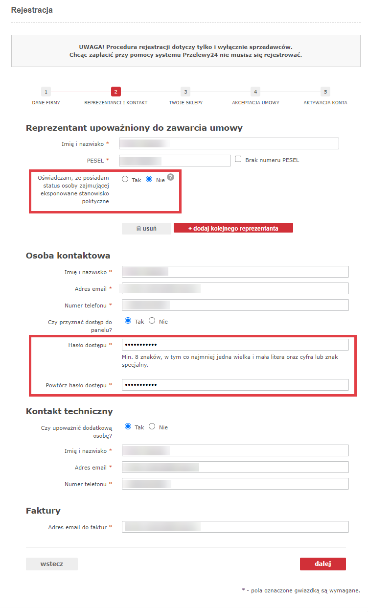Rejestracja w Panelu Przelewy24 krok drugi Reprezentanci i Kontakt