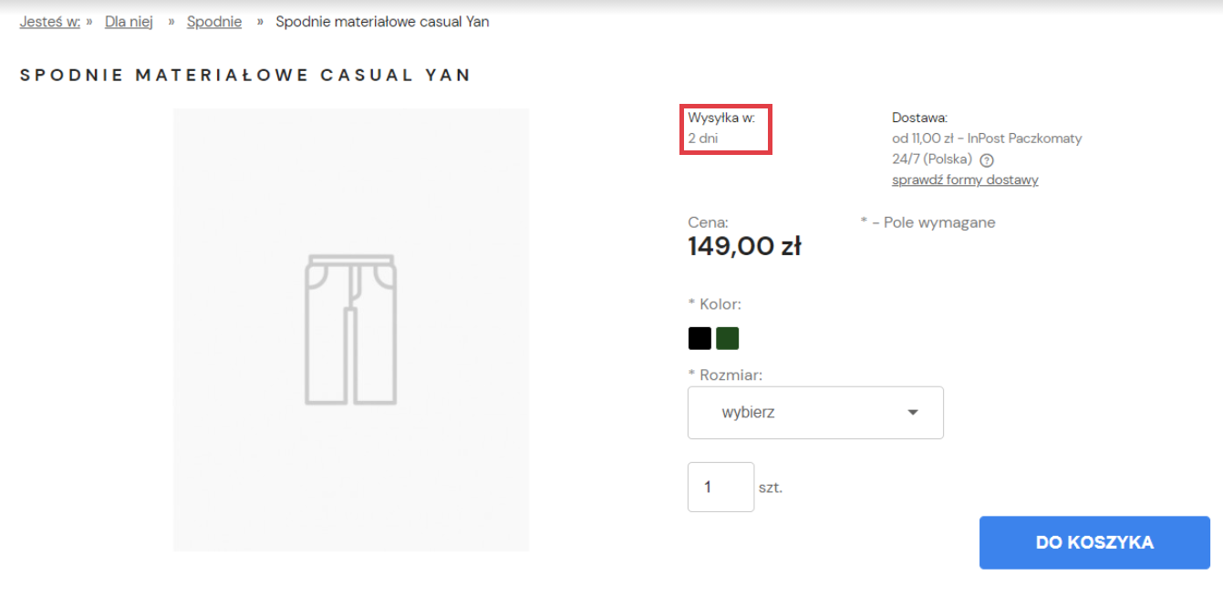 Przykładowy widok karty produktu z czasem wysyłki w sklepie Strona sklepu Shoper > Karta produktu > Czas wysyłki