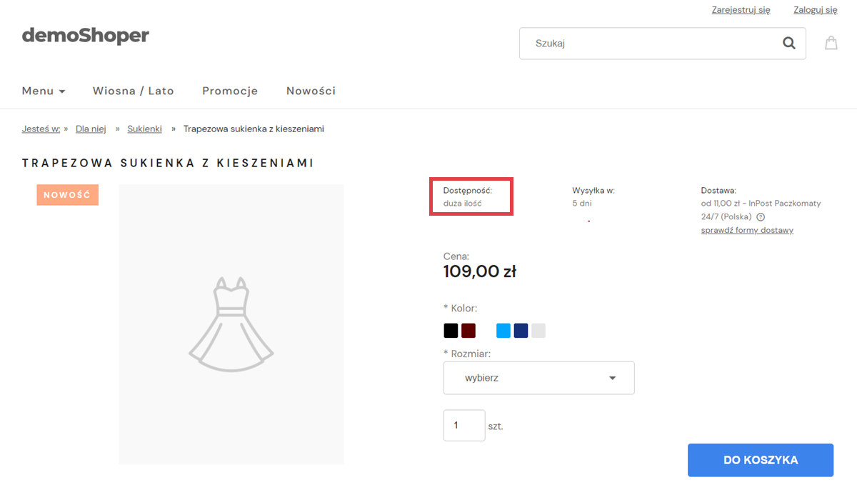 Przykładowy widok stanu dostępności na karcie produktu w sklepie internetowym Front sklepu internetowego Shoper > Karta produktu > Stan dostępności