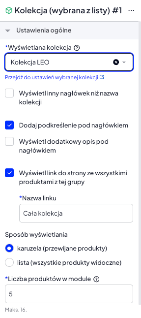 Opcje edycji dostępne w module Kolekcja (wybrana z listy) w edytorze szablonu sklepu Shoper