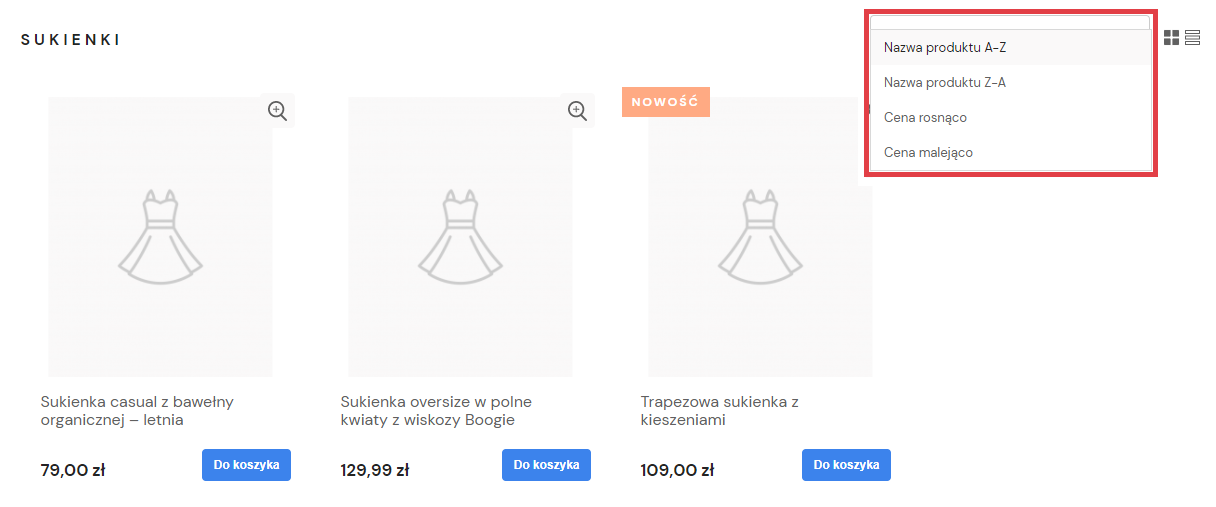 Strona sklepu internetowego > Lista produktów > Sortowanie