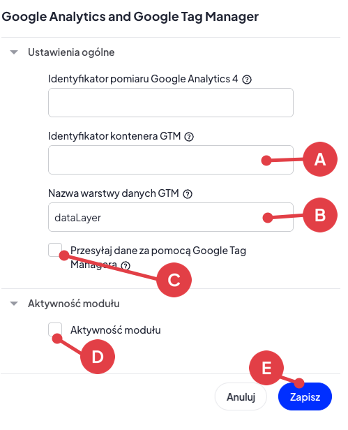 Wprowadź identyfikator kontenera GTM Wprowadzanie indentyfikatora Google Tag Manager do sklepu w Shoper