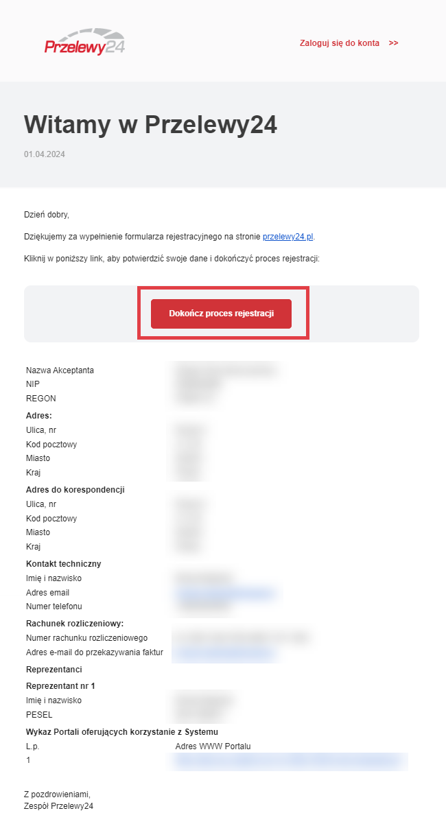 Otrzymana wiadomość e-mail od Przelewy24 z linkiem aktywacyjnym