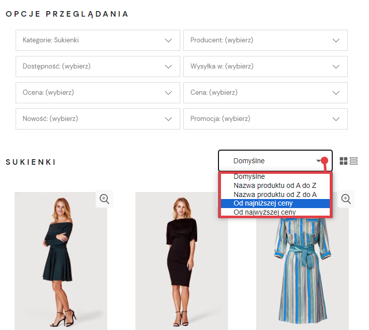 Kupujący może wybrać sposób sortowania produktów na liście Lista produktów w kategorii produktowej