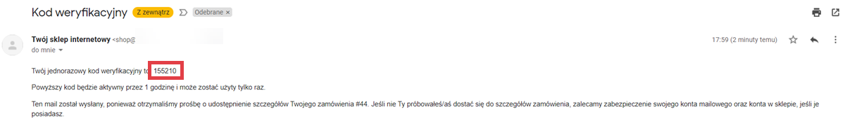 Widok wiadomości e-mail z jednorazowym kodem weryfikacyjnym Wiadomość e-mail > Kod weryfikacyjny