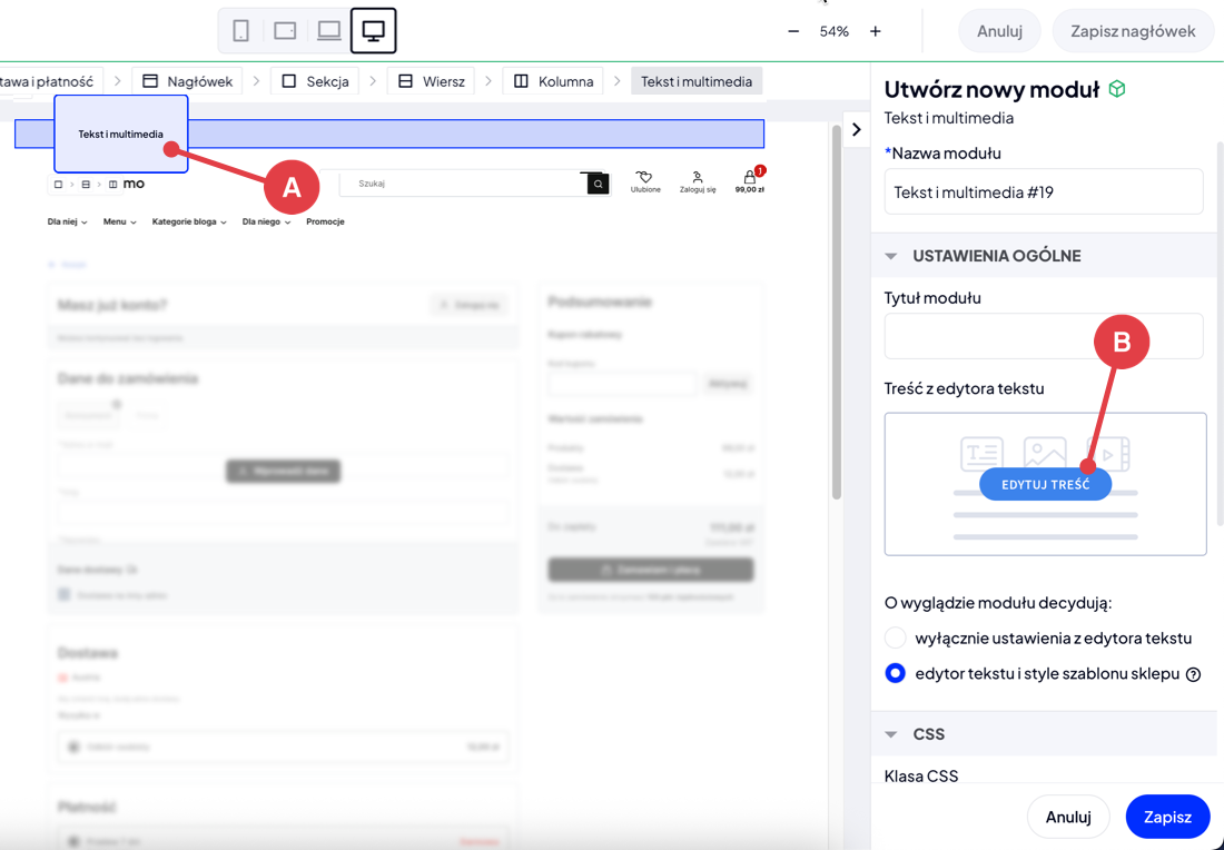 Dodaj moduł: Tekst i multimedia, a następnie przejdź do edytora treści modułu Shoper Visual Editor > Edycja nagłówka > Moduł: Tekst i multimedia