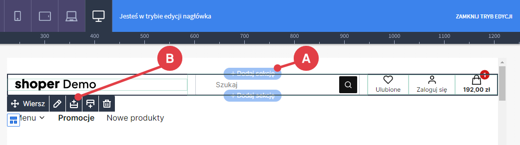 W nagłówku dodaj nową sekcję lub wiersz Shoper Visual Editor > Edycja nagłówka