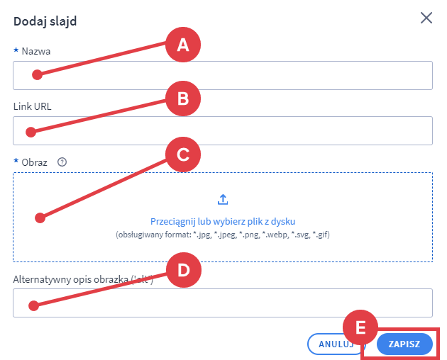 Załaduj slajd z dysku swojego urządzenia oraz uzupełnij dodatkowe informacje Shoper Visual Editor > Formularz dodawania slajdu