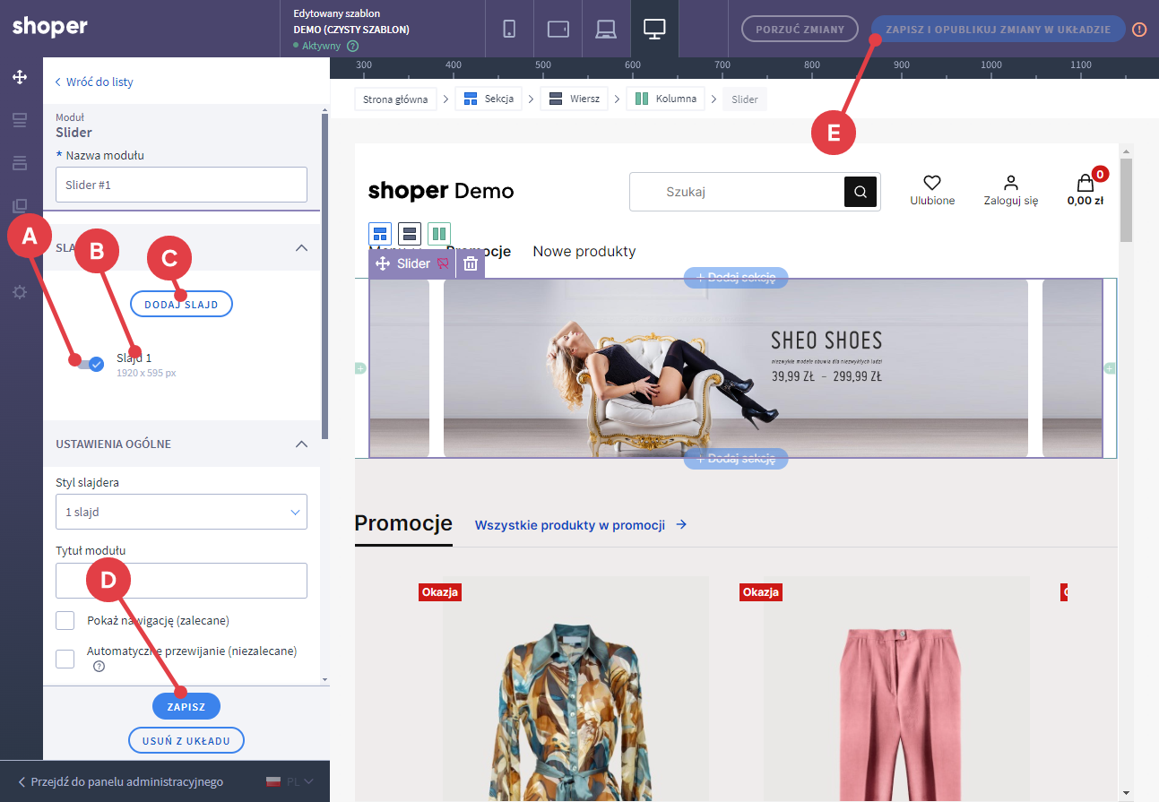sDodaj kolejne slajdy do listy, a następnie zapisz zmiany w module i układzie Shoper Visual Editor > Moduł slajder