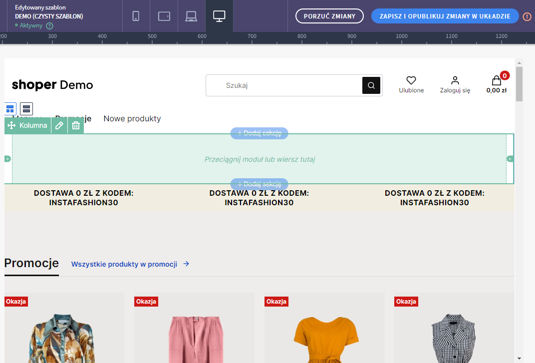 Utwórz nową sekcję w górnej części strony głównej Shoper Visual Editor >Dodawanie sekcji dla modułu slajder