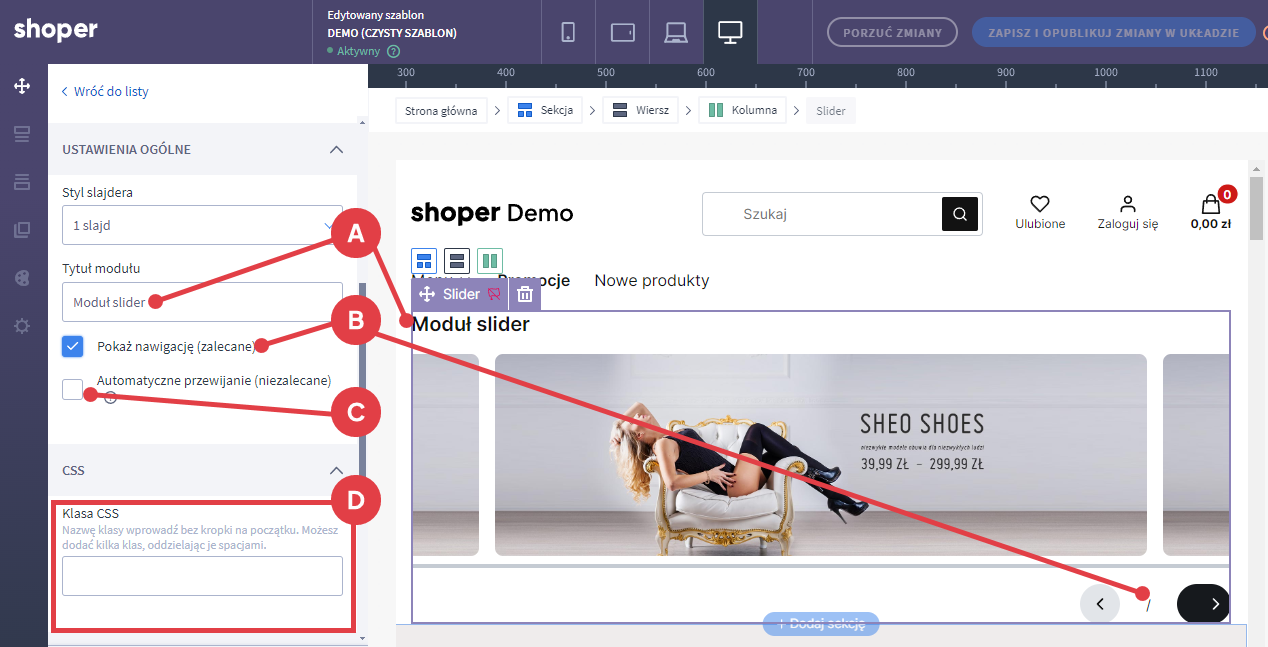 W ustawieniach modułu możesz decydować o pozostałych parametrach slajdera Shoper Visual Editor > Moduł slajder > Ustawienia slajdera