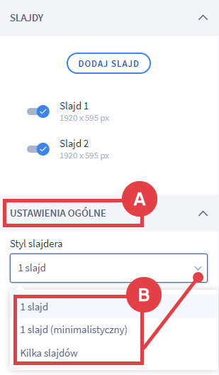 Wybierz w jaki sposób moduł slajder ma być wyświetlany na stronie Shoper Visual Editor > Moduł Slajder > Styl slajdu