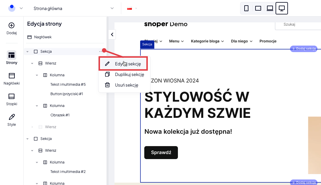 Przejdź do edycji wybranej sekcji Shoper Visual Editor > Struktura strony > Edycja sekcji