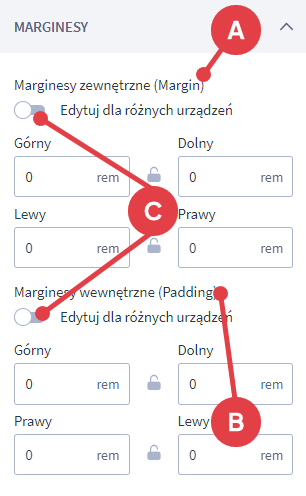 Możesz ustawiać wartości marginesów zewnętrznych i wewnętrznych, dla każdego rodzaju urządzenia z osobna Shoper Visual Editor > Edycja sekcji > Marginesy