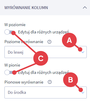 Możesz zmienić domyślne wyrównanie treści Shoper Visual Editor > Ustawienia wiersza > Wyrównwanie kolumn