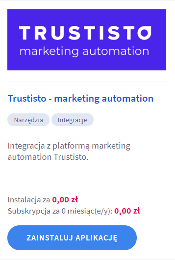 Odszukaj aplikację i kliknij: ZAINSTALUJ APLIKACJĘ Panel administracyjny sklepu > Dodatki i integracje > Aplikacje