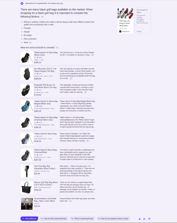 Wyniki Google AI Overview – opis kilku modeli produktu po wpisaniu słowa kluczowego: black golf bags