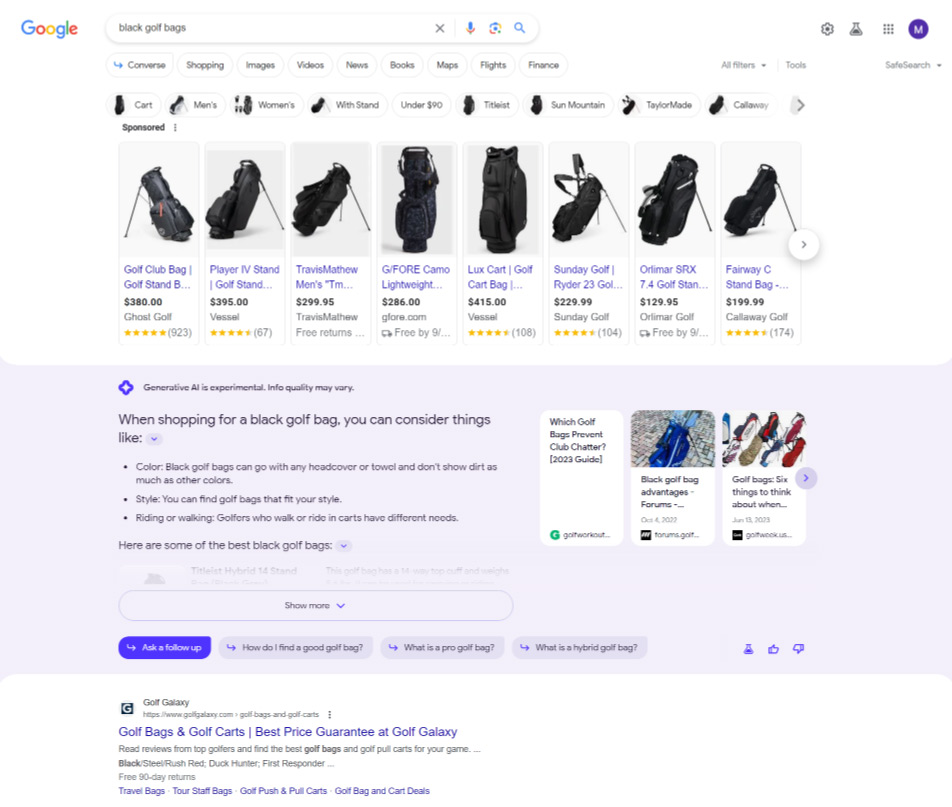 Wyniki AI Overview w Google (dawniej znane jako SGE) dla słowa kluczowego: black golf bags