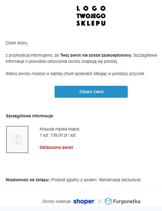 Mail do kupującego informującego o rozpatrzeniu zgłoszonej reklamacji Potwierdzenie mailowe dla kupującego, informujące o rozpatrzeniu reklamacji