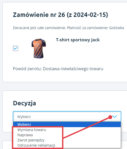 Wybierz jeden ze statusów reklamacji Panel Shoper Zwroty > Zwrot klienta > Rozpatrywanie reklamacji