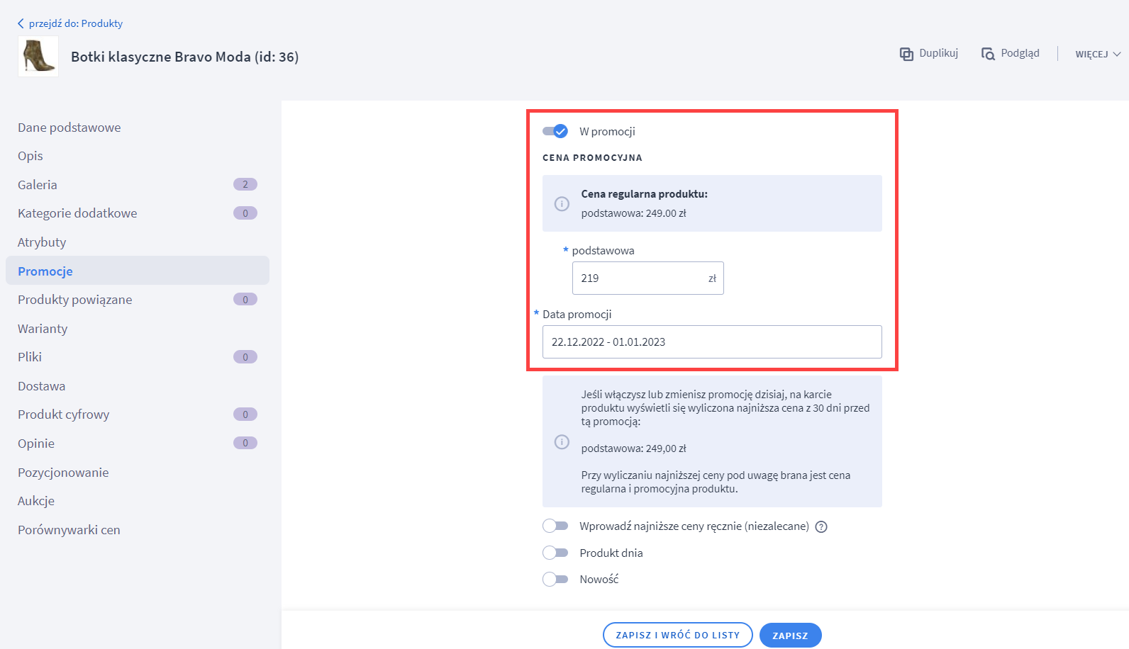 Ustawianie promocji na produkt, poprzedni mechanizm Ustawianie promocji na produkt, poprzedni mechanizm