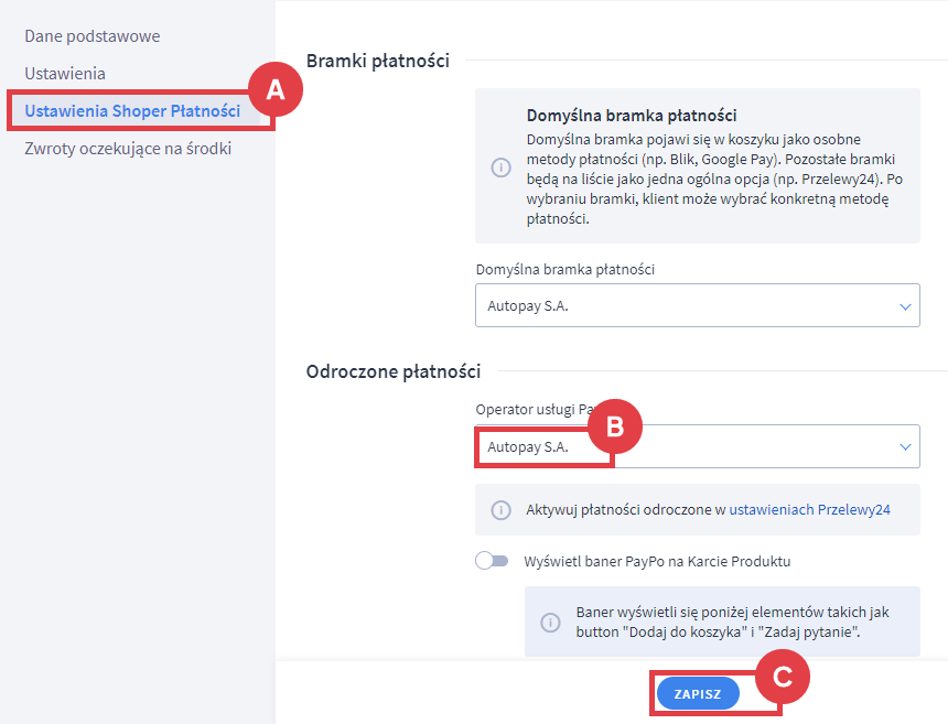 Ustawienia Autopay - wybór domyślnego operatora PayPo