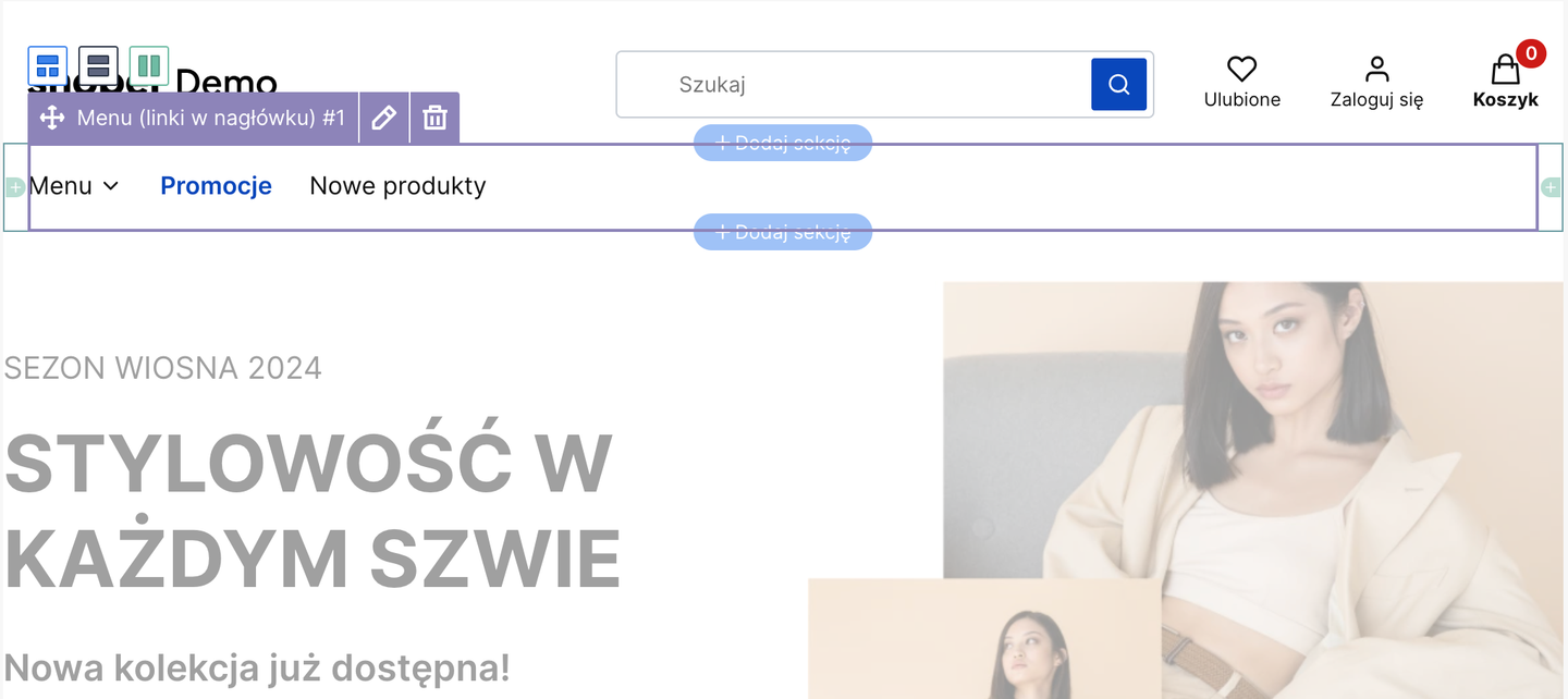 Edytując nagłówek lub stopkę zobaczysz teraz pogląd reszty strony Shoper Visual Editor Storefront, edycja nagłówka z widocznym poglądem strony
