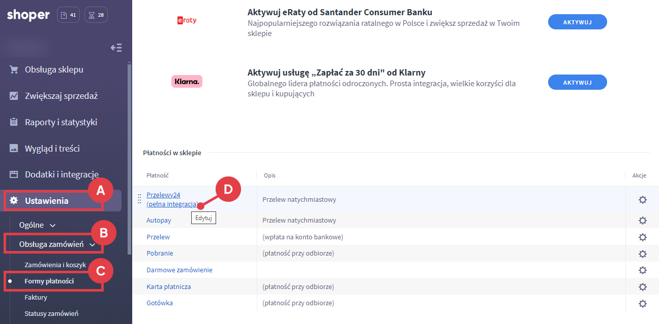 Panel administracyjny sklepu > Ustawienia > Obsługa zamówień > Formy dostawy > Przelewy24
