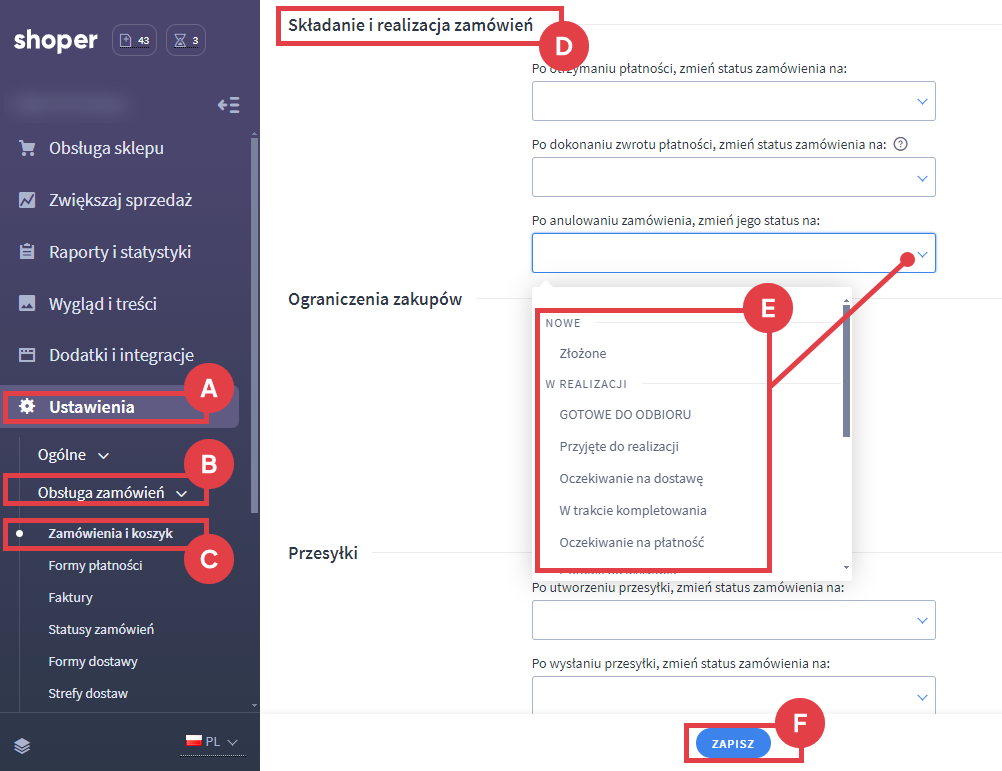 Panel administracyjny sklepu > Ustawienia > Obsługa zamówień > Zamówienia i koszyk > Składanie i realizacja zamówień > Po anulowaniu zamówienia, zmień jego status na: