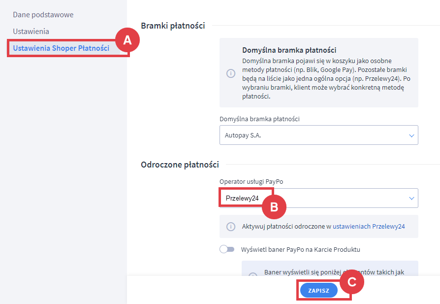 Ustawienia Przelew24 wybór domyślnego operatora PayPo