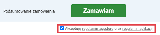 Zaakceptuj regulamin aplikacji i kliknij: Zamawiam Aplikacja Shoper: Pasek informacyjny