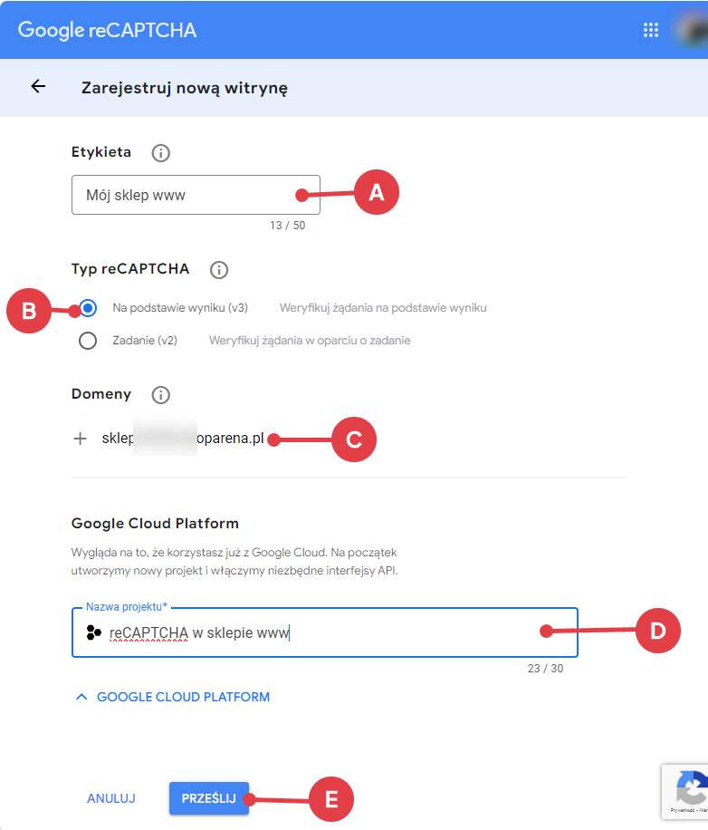Panel reCAPTCHA - formularz nowej usługi