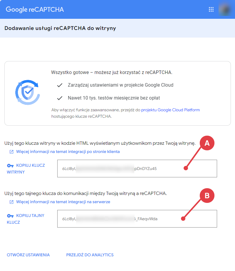 Panel reCAPTCHA - wygenerowane klucze