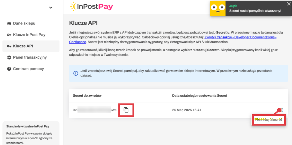 Możliwość resetowanie klucza Secret do zwrotów płatności w Panelu InPost Pay
