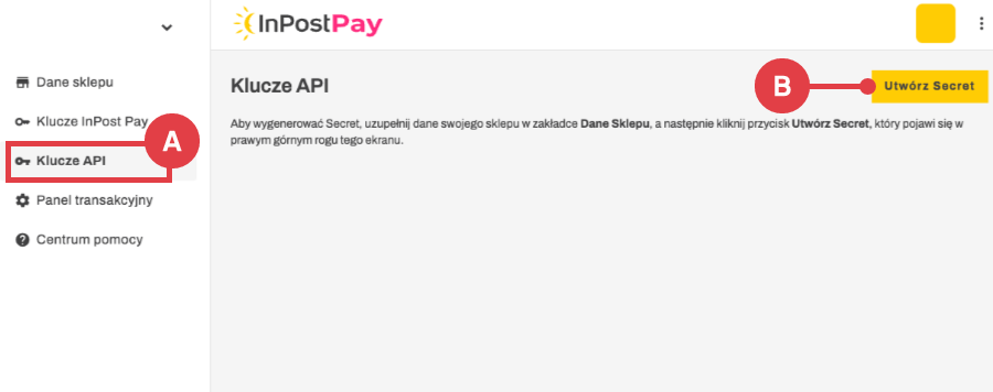 Tworzenie klucza Secret w zakładce Klucze API w panelu InPost Pay