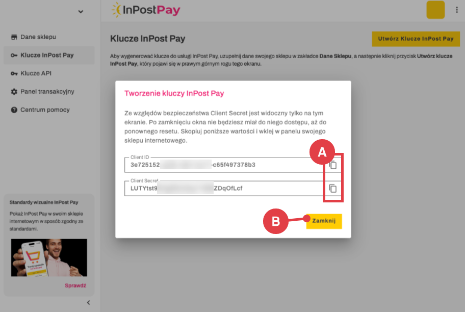 InPost Pay - panel merchanta, wygenerowane klucze