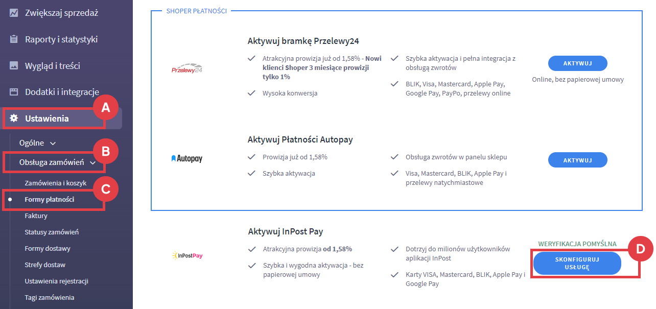 Panel administracyjny sklepu Shoper > Ustawienia > Obsługa zamówień > Formy płatności > InPost Pay