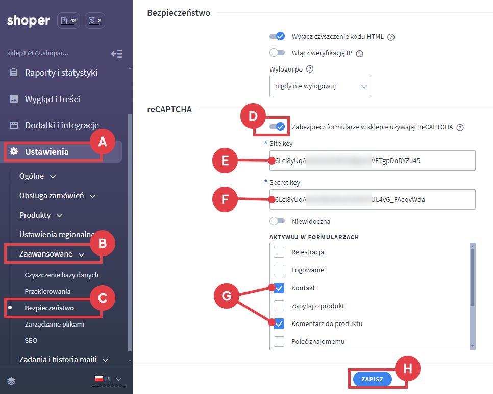 Panel administracyjny sklepu > Ustawienia > Zaawansowane > Bezpieczeństo