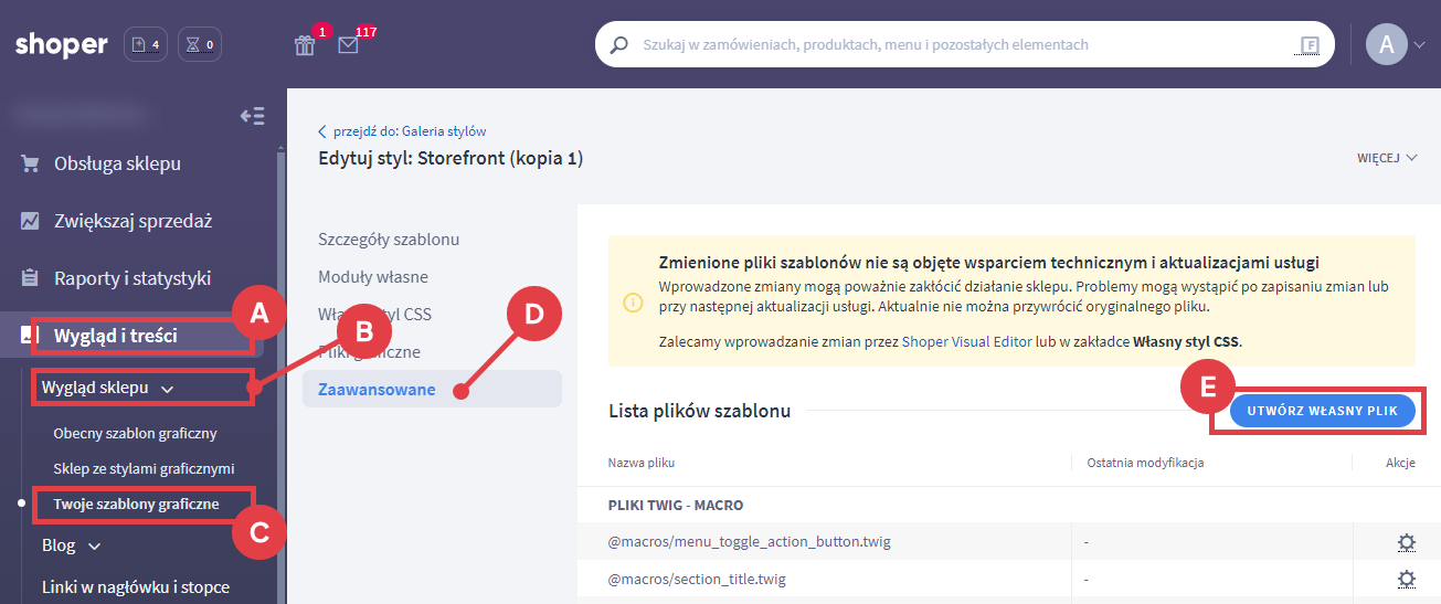 Panel administracyjny sklepu Shoper > Wygląd i treści > Wygląd sklepu > Twoje szablony graficzne > Zaawansowane