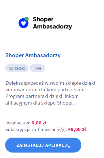 Instalacja aplikacji Shoper Ambasadorzy
