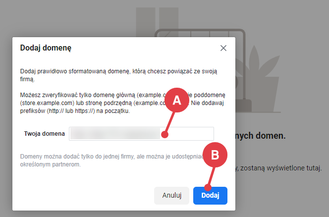 Facebook Menadżer Firmy > Dodawanie domeny