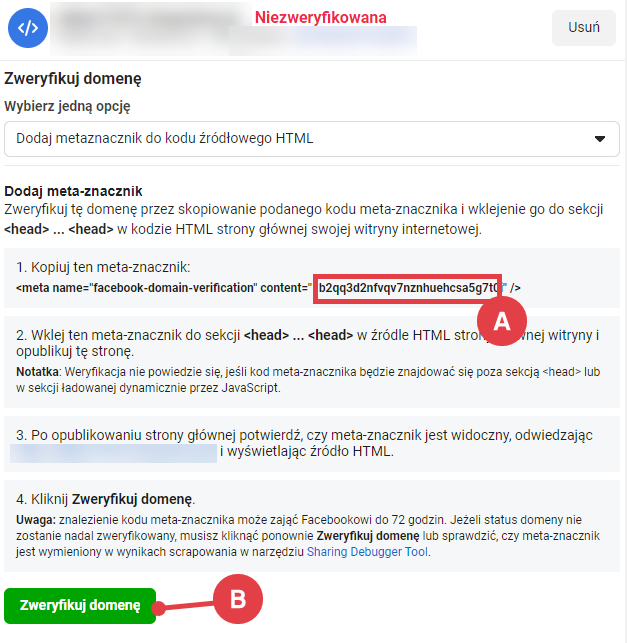 Menadżer Firmy Facebook > Zweryfikuj domenę