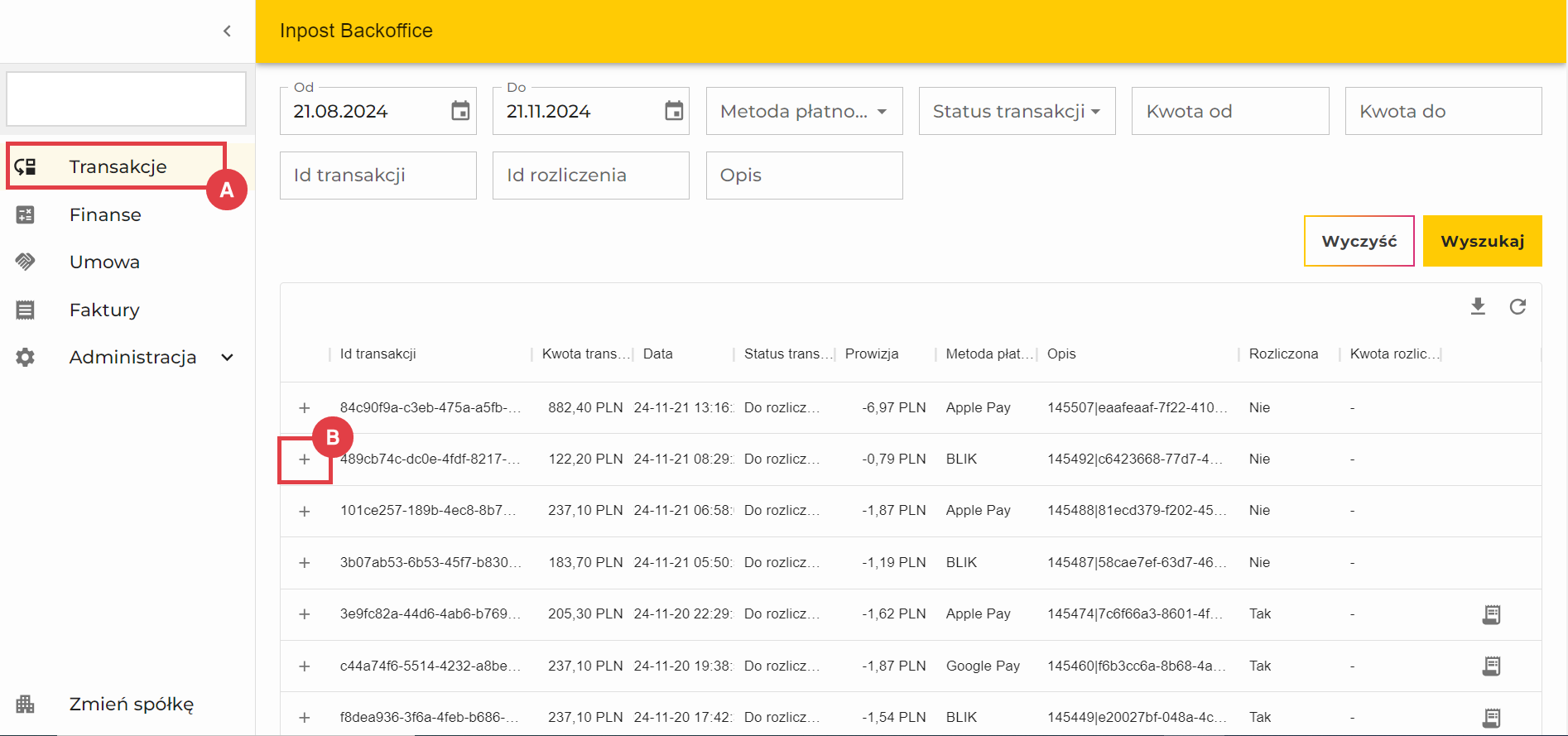 Panel Transakcyjny InPost Pay - lista transakcji