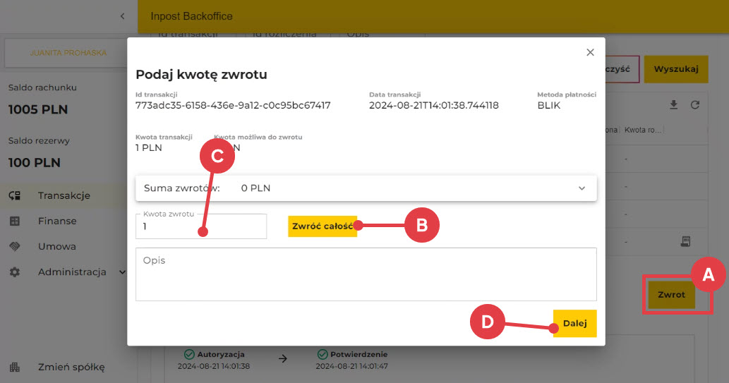 Panel Transakcyjny InPost Pay - Zwrot